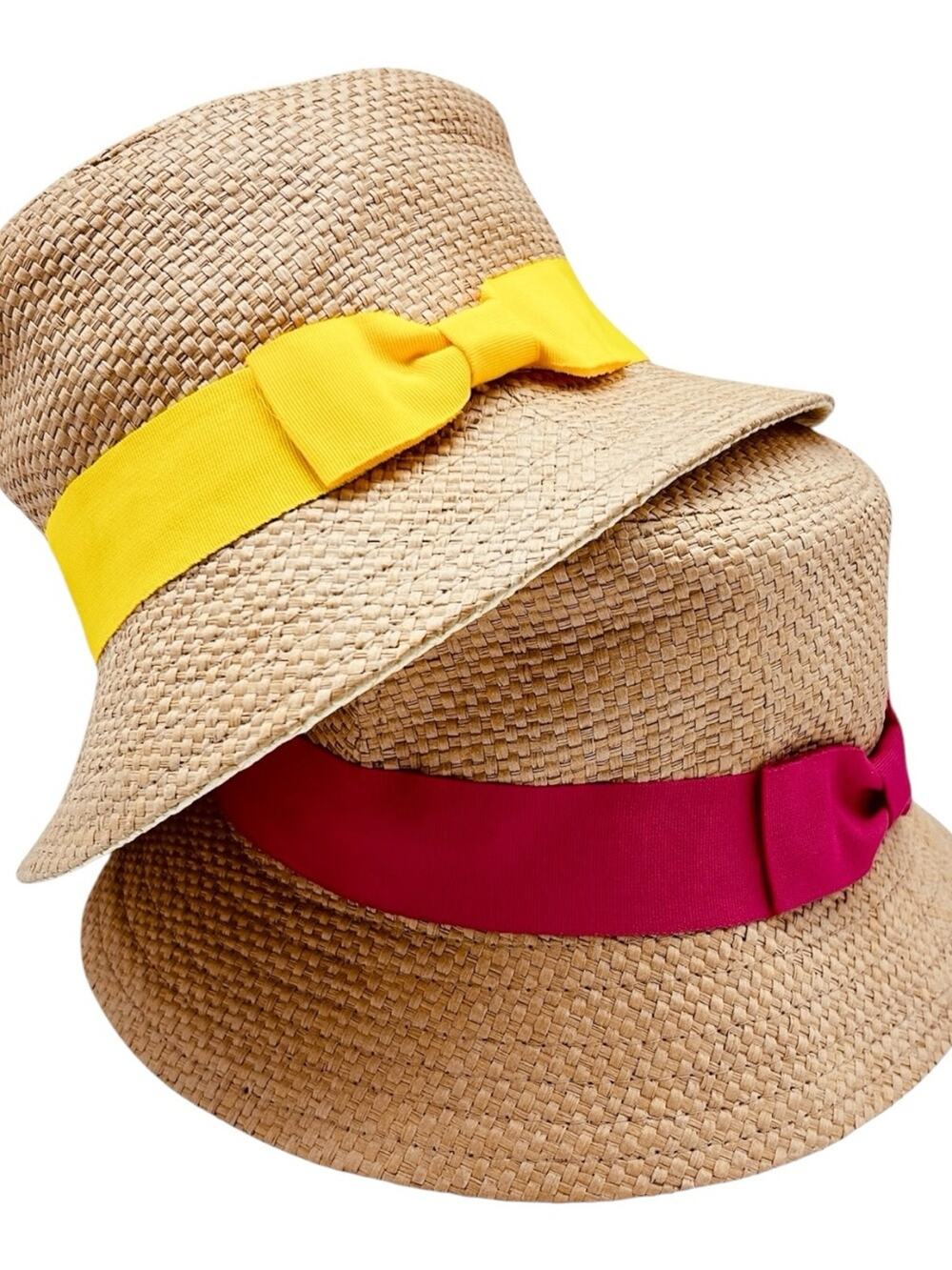 Sun N Sand Paper Straw Bucket Hats LOT OF 2 Pink, Yellow Band Summer 24 in